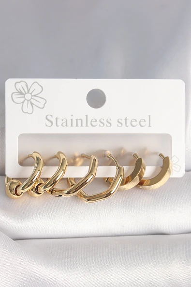 316L Çelik Gold Renk Altıgen Halka Model Kadın Küpe Seti - TJ-BKP10387