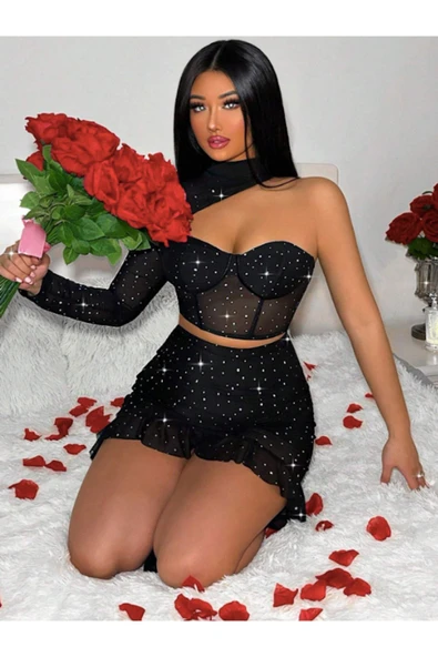 my cherie Simli Cuplu Büstiyer Fırfırlı Volanlı Etek 2'li Çekici Gecelik Takım - 2