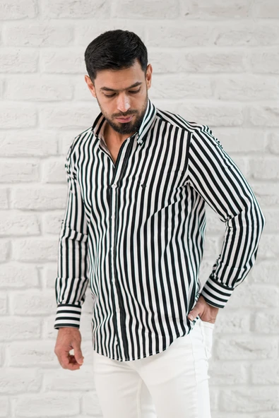 Paul Martin Kalın Çizgili Yaka Düğmeli Cepsiz Regular Fit Gömlek - Resim 3