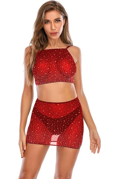 my cherie Simli Kırmızı Tül Büstiyer Etek String Takım - 3
