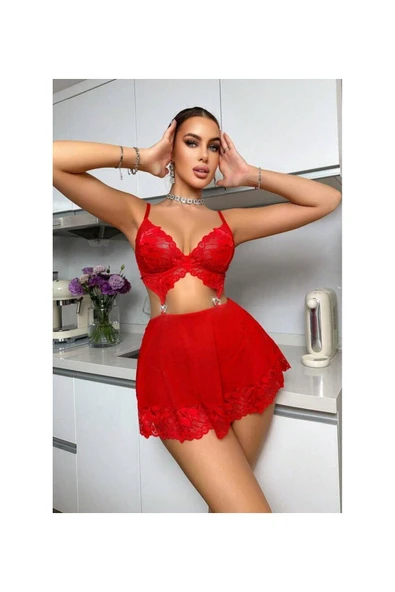 my cherie Taşlı Kalp Aksesuarlı Dantelli Mini Dekolteli Gecelik - 3