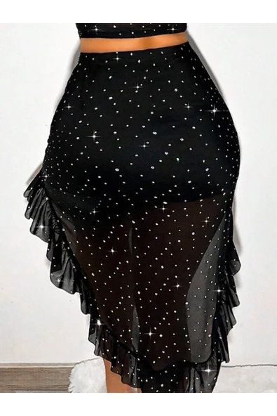 my cherie Simli Pırıltılı Büstiyer Kloş Etek Pareo Takım Plaj Kıyafeti - 6