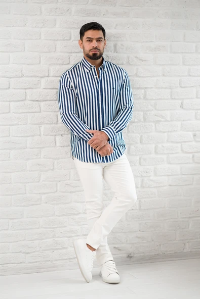 Paul Martin Kalın Çizgili Yaka Düğmeli Cepsiz Regular Fit Gömlek - Resim 7