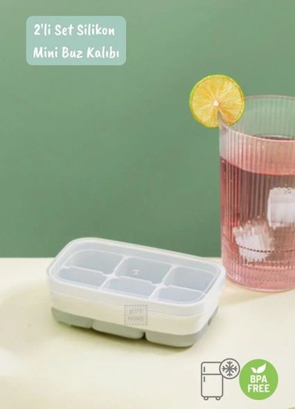 2li Set Mini Buz Kalıbı Silikon Buzluk 6 Bölmeli Kare Desenli Buz Küpü Yeşil-Gri BPA Free - 2