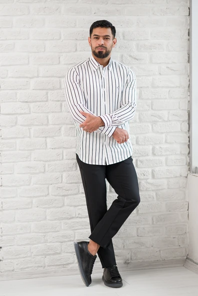 Paul Martin İnce Çizgili Yaka Düğmeli Cepsiz Regular Fit Gömlek - Resim 8