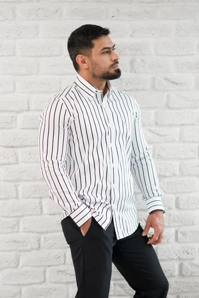 Paul Martin İnce Çizgili Yaka Düğmeli Cepsiz Regular Fit Gömlek - Resim 11