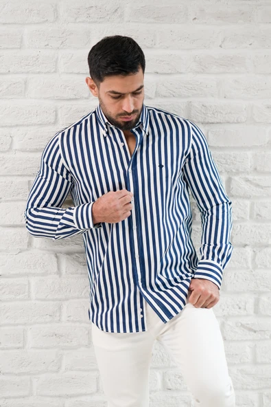 Paul Martin Kalın Çizgili Yaka Düğmeli Cepsiz Regular Fit Gömlek - Resim 9