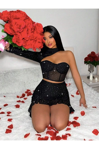 my cherie Simli Cuplu Büstiyer Fırfırlı Volanlı Etek 2'li Çekici Gecelik Takım - 7