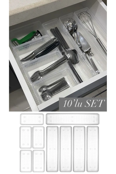 10'lu Modüler Set Kaşıklık Çekmece Içi Düzenleyici Çatal Kaşık Bıçak Düzenleme Organizeri Şeffaf - 2