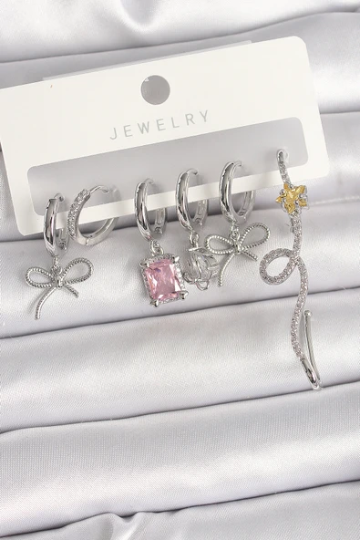 Pirinç Gümüş Renk Sallantı Kurdele Kuyruklu Yıldız Figür Pembe Kare Zirkon Taş Detay Kadın Küpe Seti - TJ-BKP10368