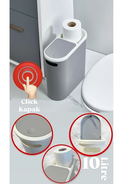 Click Gri 10 Lt Çöp Kovası , Mutfak, Banyo, Tuvalet Çöp Kutusu Tuvalet Kağıdı Hazneli
