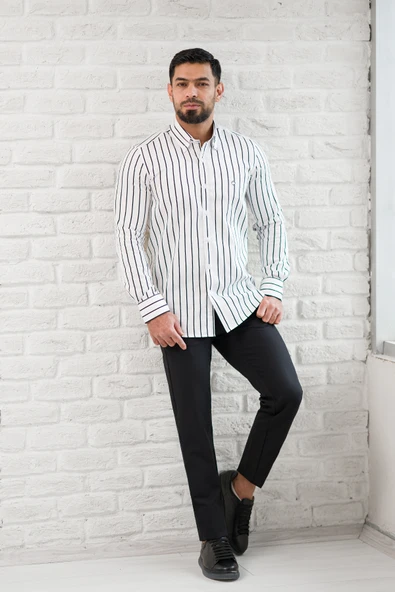 Paul Martin İnce Çizgili Yaka Düğmeli Cepsiz Regular Fit Gömlek - Resim 7