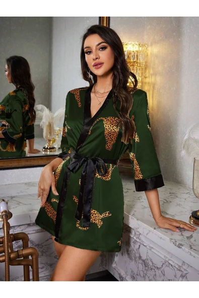 randevu Leoparlı Haki Renk Saten Mini Kimono Sabahlık - 3