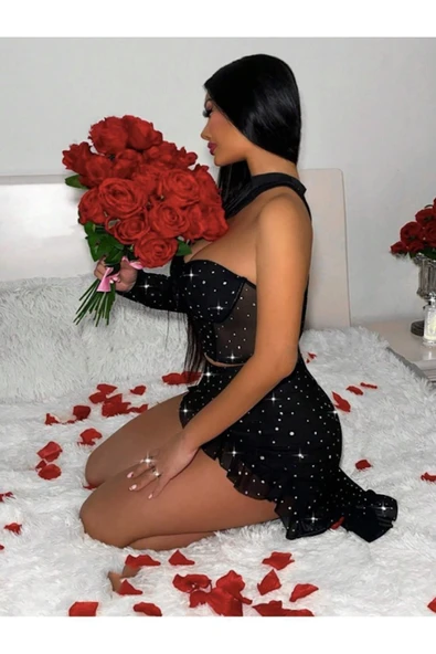 my cherie Simli Cuplu Büstiyer Fırfırlı Volanlı Etek 2'li Çekici Gecelik Takım - 3