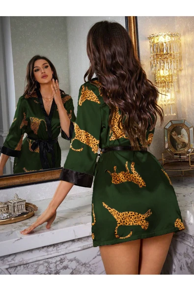 randevu Leoparlı Haki Renk Saten Mini Kimono Sabahlık - 4