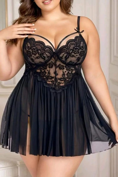 my cherie Büyük Beden Dantelli Yırtmaçlı Askılı Tül Gecelik String Takım - 7