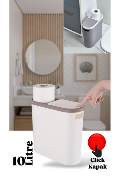Click Krem 10 Lt Çöp Kovası , Mutfak, Banyo, Tuvalet Çöp Kutusu Tuvalet Kağıdı Hazneli