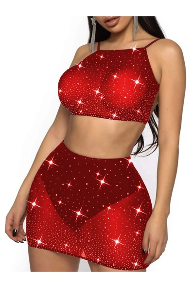 my cherie Simli Kırmızı Tül Büstiyer Etek String Takım