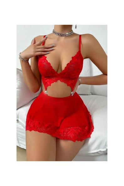 my cherie Taşlı Kalp Aksesuarlı Dantelli Mini Dekolteli Gecelik - 4