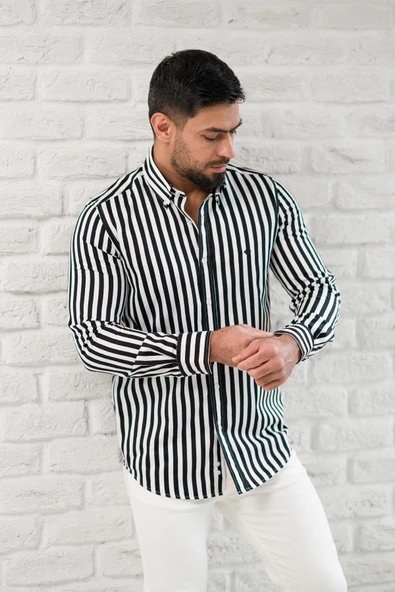 Paul Martin Kalın Çizgili Yaka Düğmeli Cepsiz Regular Fit Gömlek - Resim 4