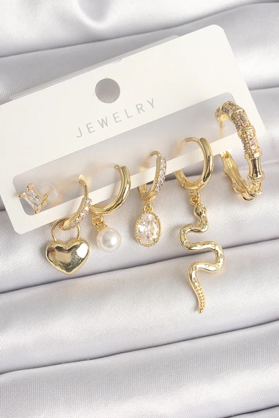 Pirinç Gold Renk Sallantı Yılan Model Zirkon Taşlı Halka Kilit Kalp Detay Kadın Küpe Seti - TJ-BKP10369