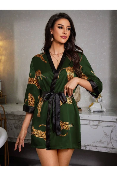 randevu Leoparlı Haki Renk Saten Mini Kimono Sabahlık - 6