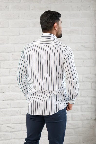 Paul Martin İnce Çizgili Yaka Düğmeli Cepsiz Regular Fit Gömlek - Resim 5