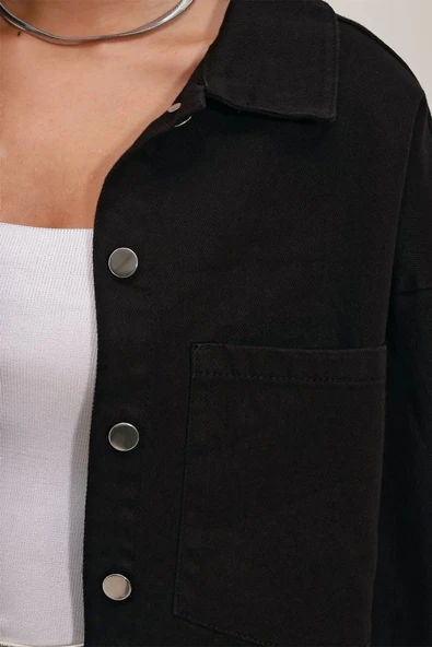 20192 Oversize Gabardin Gömlek Ceket - Siyah - Resim 3