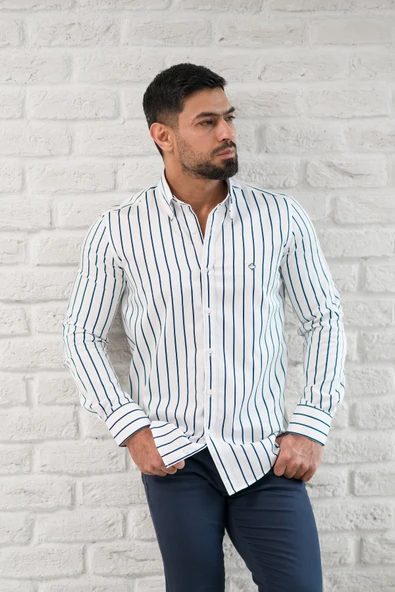 Paul Martin İnce Çizgili Yaka Düğmeli Cepsiz Regular Fit Gömlek - Resim 4