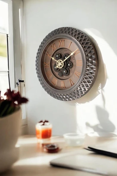 Efe Mark Premium Serisi Antik Eskitme Space Kadranlı Döner Çarklı Ev ve Ofis Duvar Saati Kabartma Roma Rakamlı 40 CM Bronz - Resim 3