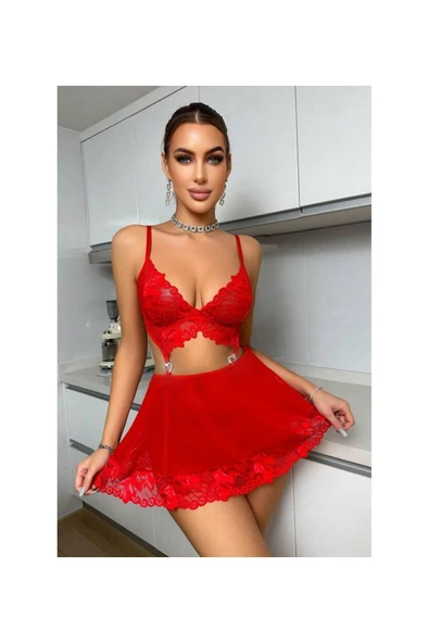 my cherie Taşlı Kalp Aksesuarlı Dantelli Mini Dekolteli Gecelik