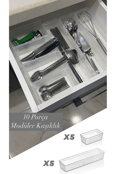 10'lu Modüler Set Kaşıklık Çekmece Içi Düzenleyici Çatal Kaşık Bıçak Düzenleme Organizeri Şeffaf ürün görseli