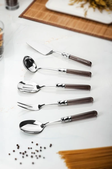 5 Parça Platin Servis Seti & Servis Sunum Seti Füme ( Kepçe / Kevgir / Sıpatula / Çatal / Kaşık ) - 4