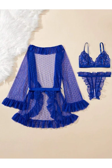 my cherie Puantiye Tül Mini Sabahlık Sütyen Külot Takım - 6