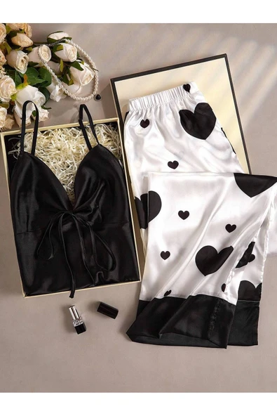 my cherie Kalp Baskı Yumuşak Saten 2 Parça Pijama Takım - 6