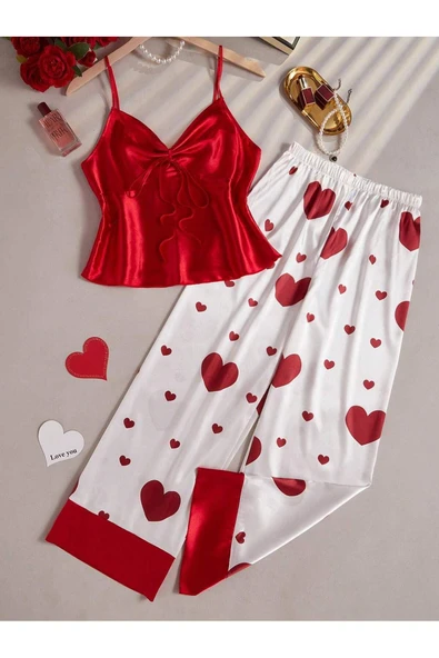 my cherie Kalp Baskı Yumuşak Saten 2 Parça Pijama Takım - 7