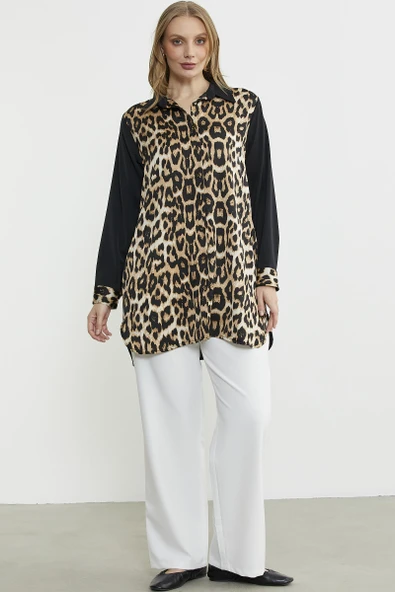 Leopar Detaylı Tunik Gömlek - Siyah - 5