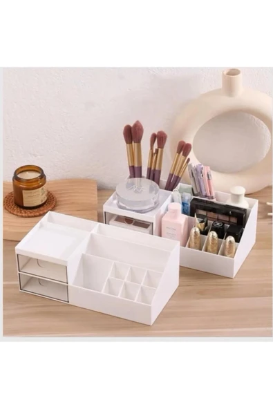 Make-up Kozmetik Standı Şeffaf 2 Çekmeceli Makyaj Düzenleyici Ruj Kalem Organizer Oje Rafı - 3