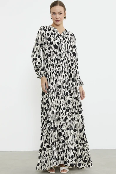 Desenli Uzun Büzgülü Elbise - Siyah - 4