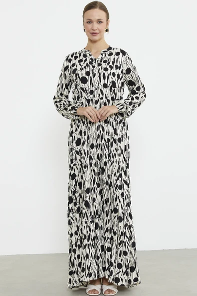 Desenli Uzun Büzgülü Elbise - Siyah - 2