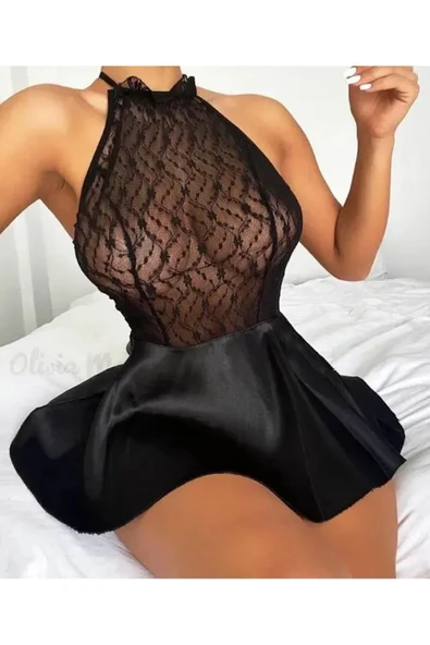 randevu Eteği Saten Üstü Dantel Bağlamalı Gecelik Külot Takım - 4