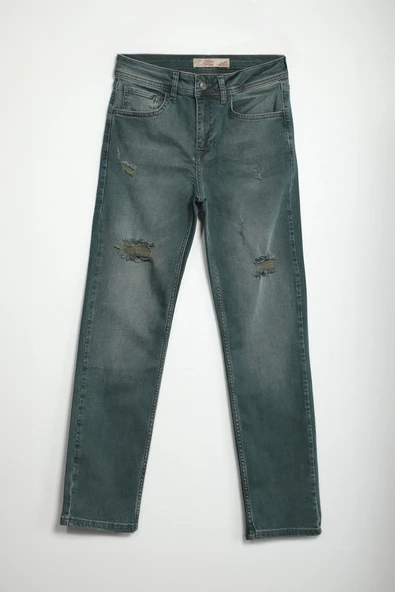 Kadın Yırtık Deyaylı Likralı Jean Pantolon Haki - Resim 4