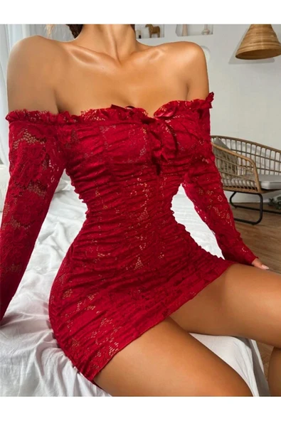 randevu Kayık Yaka Büzgülü Mini Elbise Gecelik Siyah - 3