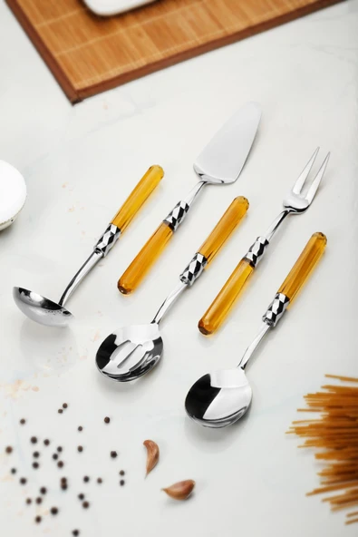 5 Parça Platin Servis Seti & Servis Sunum Seti Amber ( Kepçe / Kevgir / Sıpatula / Çatal / Kaşık ) - 2