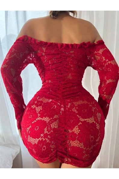 randevu Kayık Yaka Büzgülü Mini Elbise Gecelik Siyah - 4