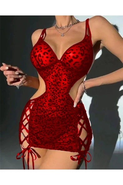 randevu Leopar Baskı Yanları Bağlamalı Tül Mini Kurdeleli Elbise - 8