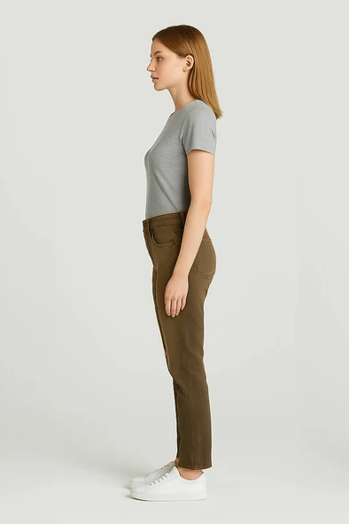 Kadın Yırtık Deyaylı Likralı Jean Pantolon Kahverengi - 3