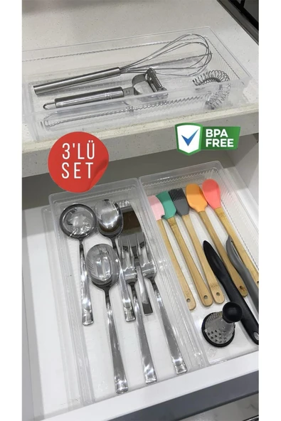 3 Adet Bade XL Çekmece İçi Bıçaklık & Kaşıklık Organizer - Kepçe Spatula Düzenleyici Kutu