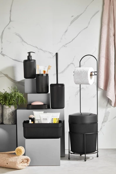 7 Parça Siyah Banyo Seti Metal Stantlı Kovalı Wc Kağıtlık Kozmetik Kutusu Diş Fırçalık Ve Sabunlukla - 2