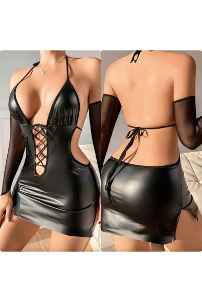 randevu Deri Görünümlü Mini Bağcıklı Gecelik - 3